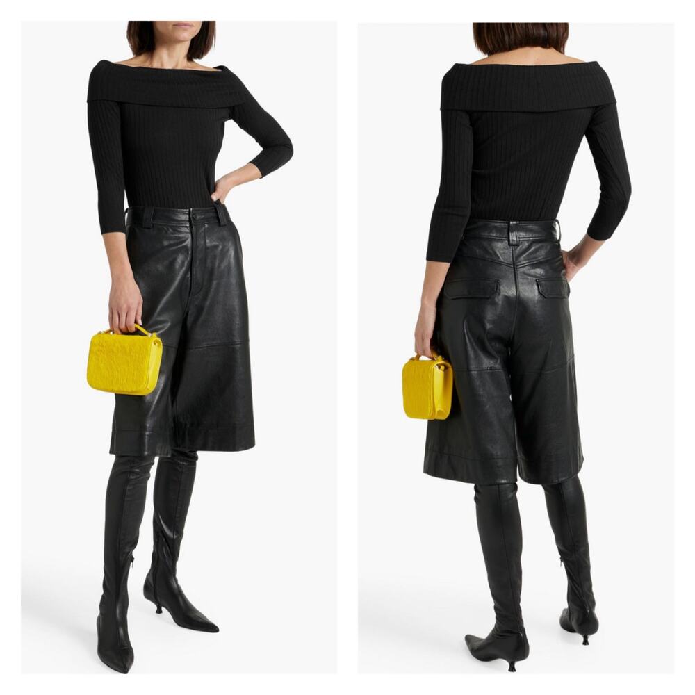 VINCE Off the Shoulder Ribbed Top Womens XS Black Cotton Blend Stretch Knit NEW